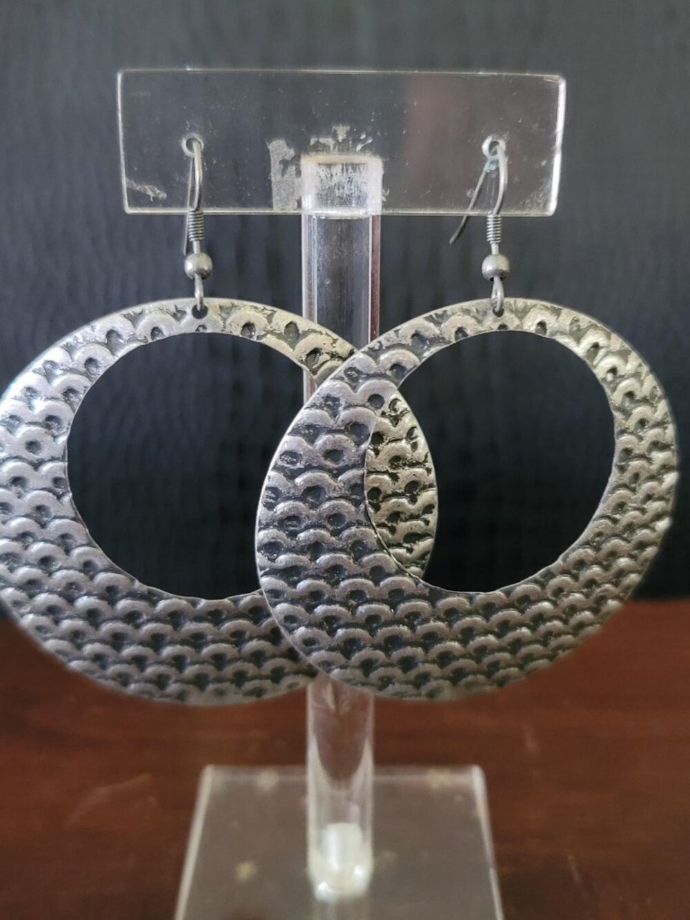 Vtg Large 2.5" Silver Tone Dangle Earrings, Oversized Open Disc Crescent Hoop